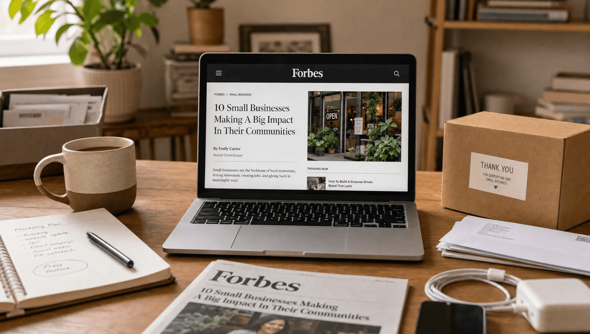 A small business owner reviews a publication mention at a home workspace.
