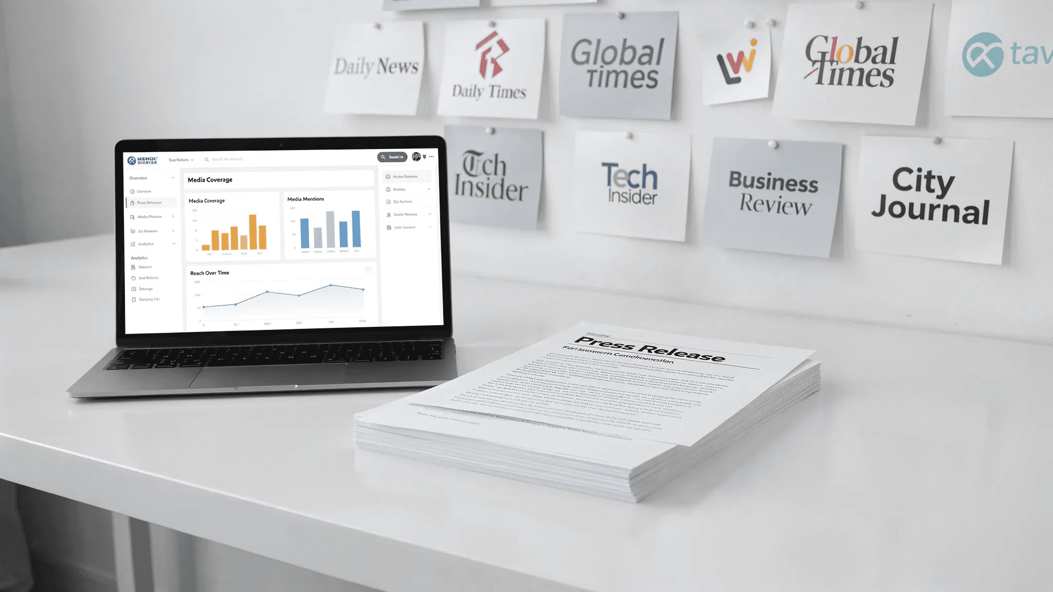 A sleek newsroom-style desk with a stack of press release pages, a laptop showing a media placements dashboard on a screen facing the camera, and several publication logos arranged as clipped notes around it, suggesting modern press release distribution and media visibility without showing a person at work.