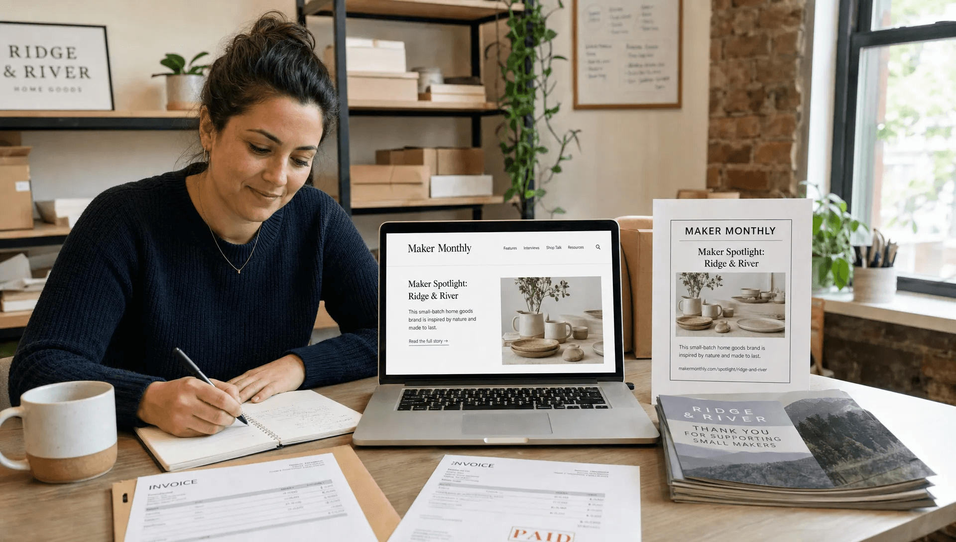 A founder reviews an industry mention, notes, and a laptop while planning trustworthy backlinks.
