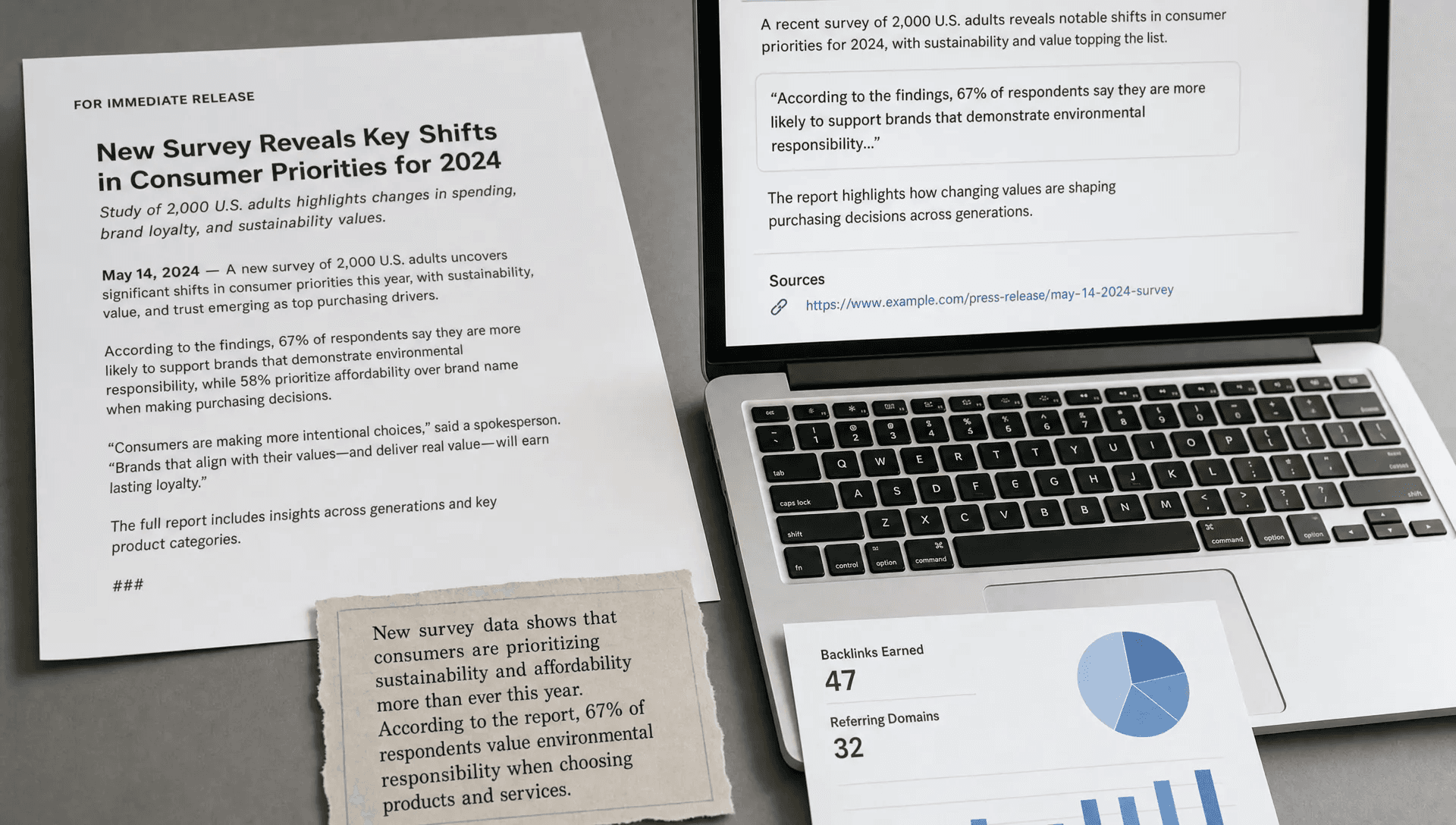 A press release page sits beside a laptop, with a media clipping, live-link marker, and proof report showing digital PR backlinks.
