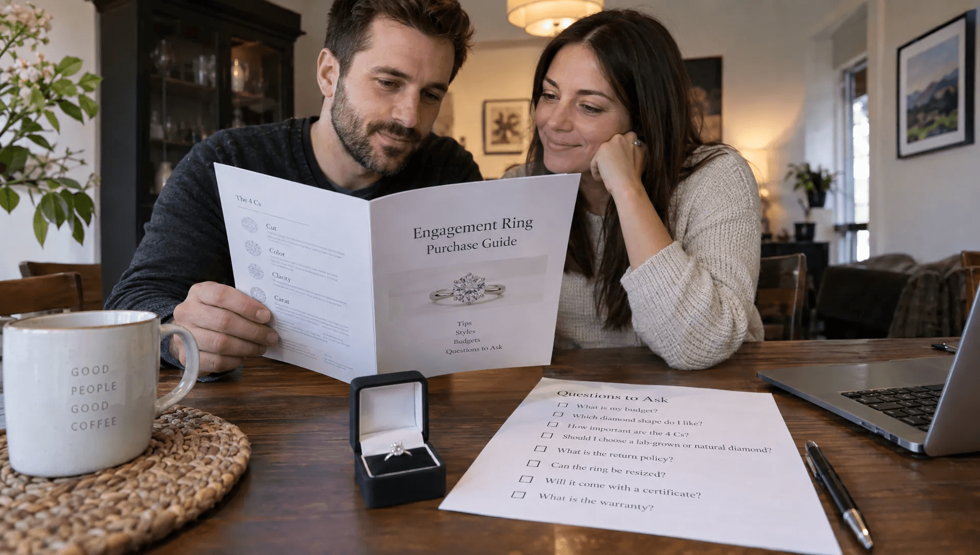 A couple reviews an engagement ring buying guide at home, considering the details a useful consumer article could address.