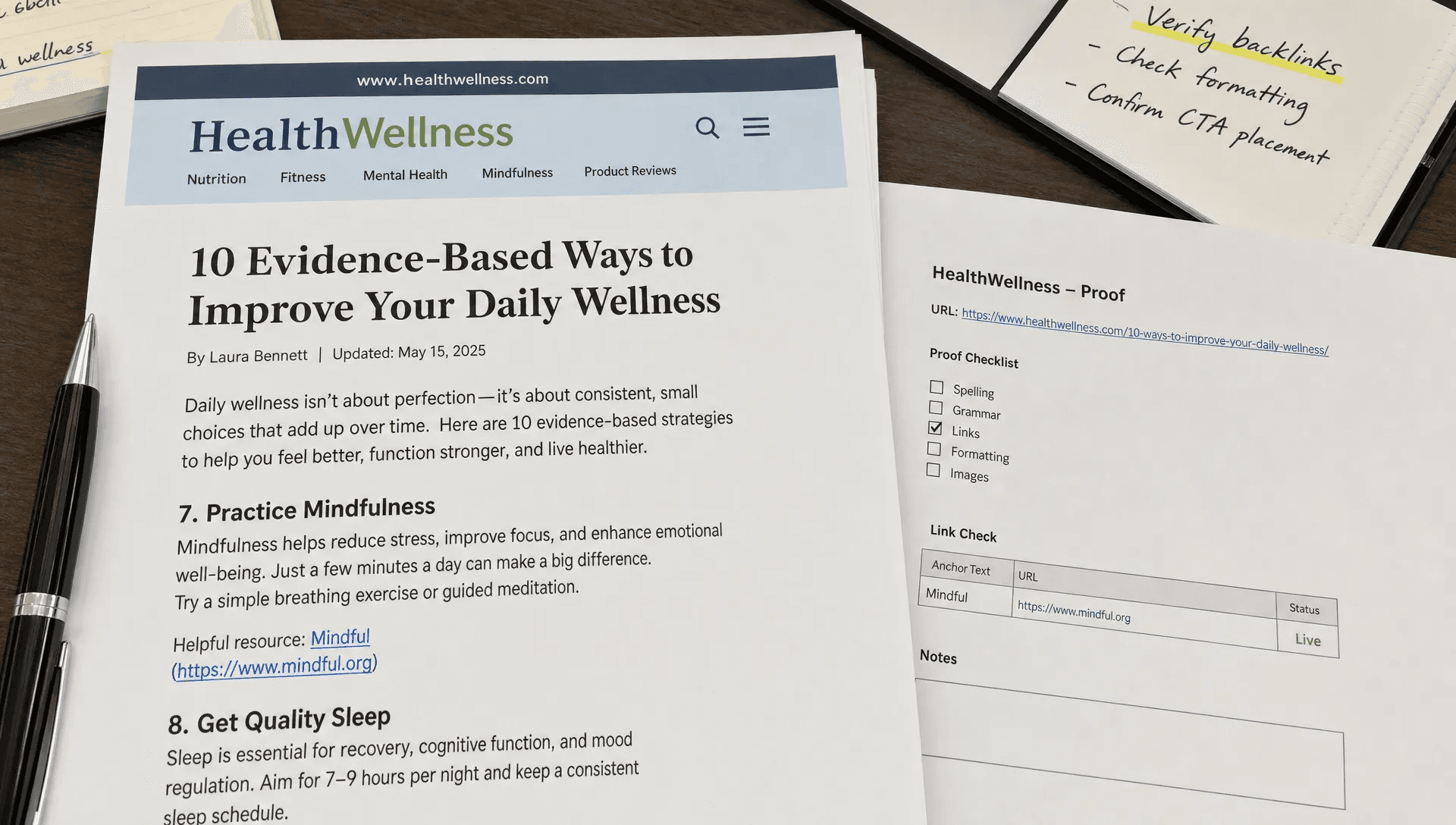 A printed article page and matching proof sheet show a live backlink and verified editorial placement.