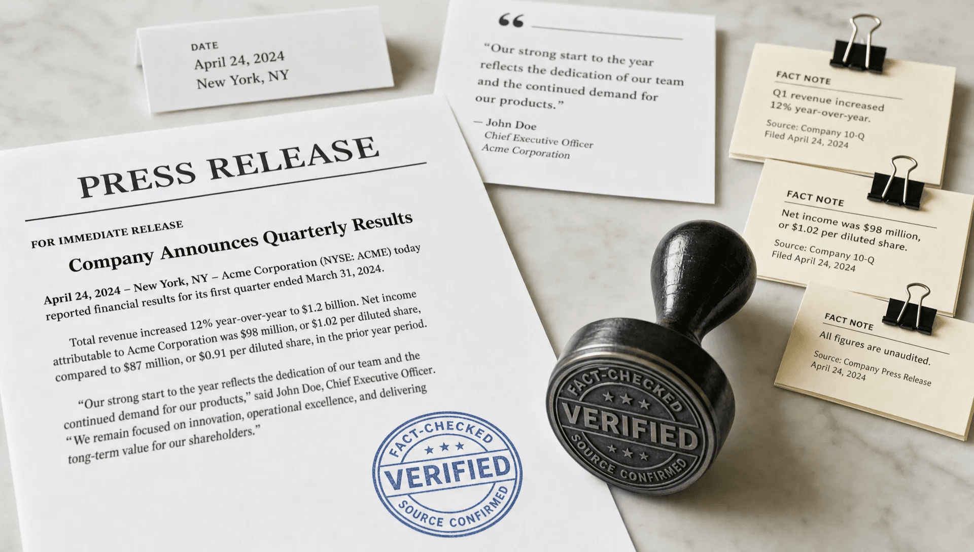 A verification stamp sits beside a press release page, source card, and fact notes to show a trustworthy brand announcement.
