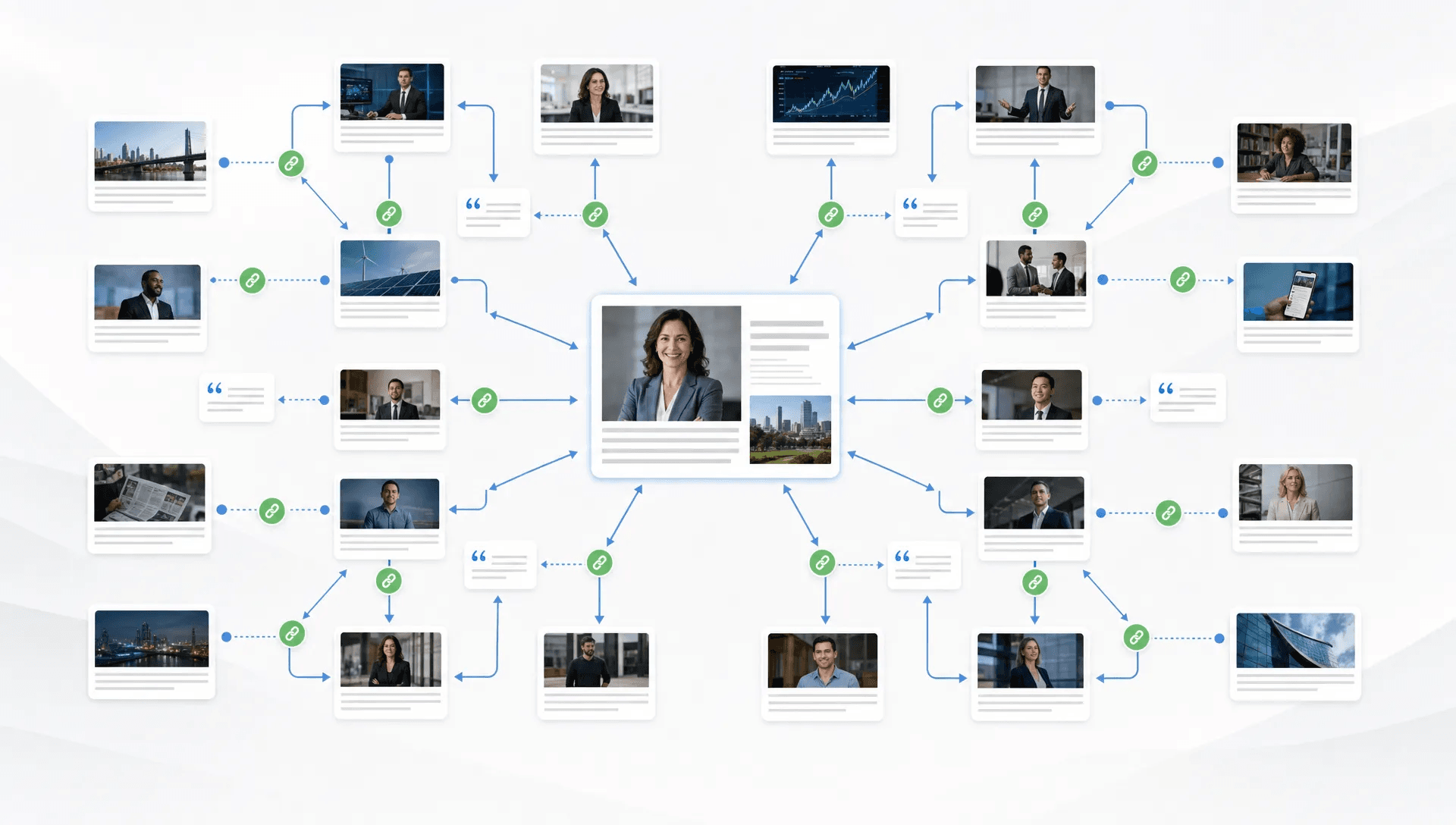A bold grid of interconnected outlet tiles, citation snippets, live-link markers, and reporting blocks expanding outward from a central story node, with clean spacing and clear directional lines that suggest compounding visibility, trust, and discovery without any workspace elements.