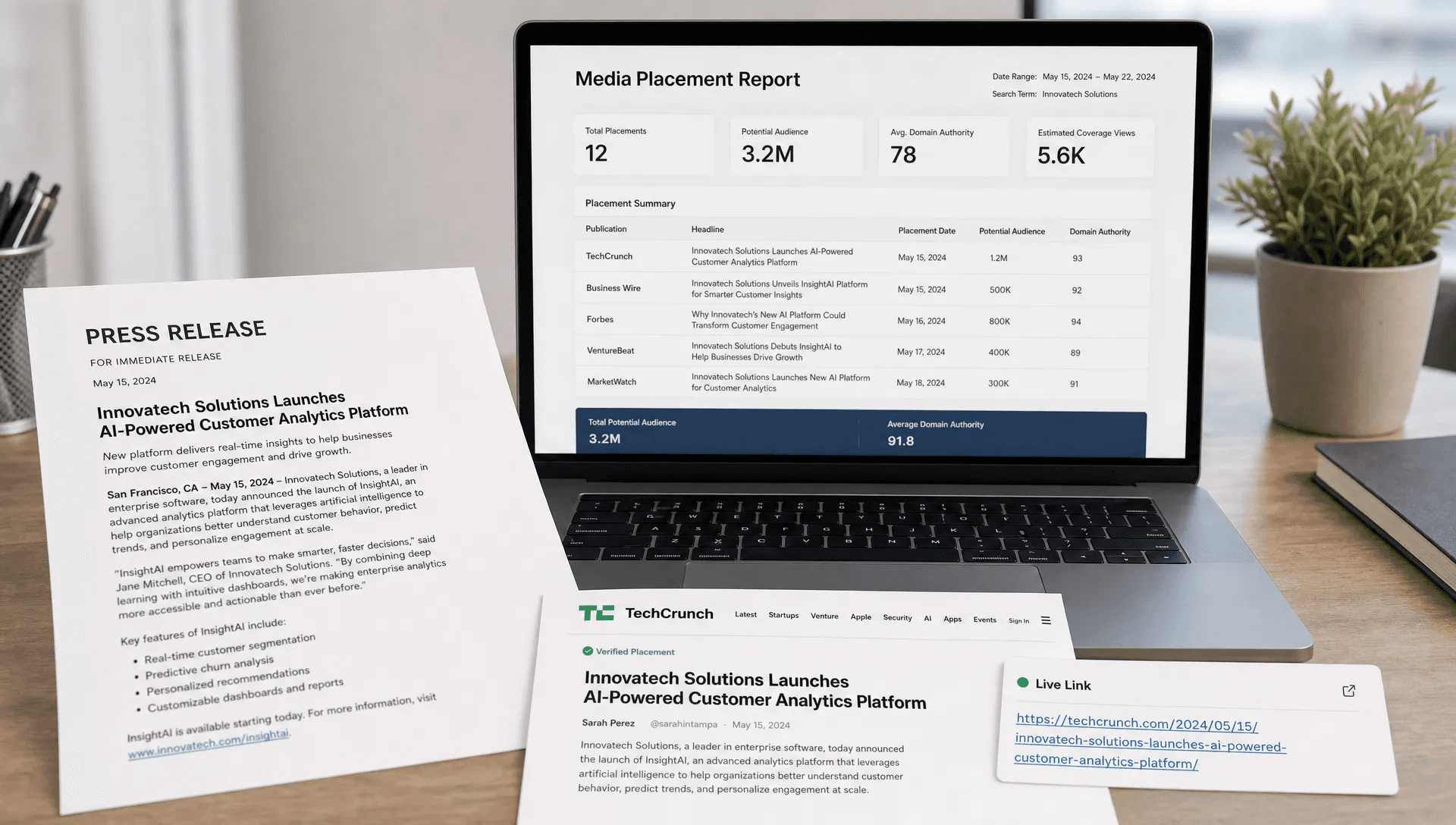 A close-up of a press release document laid on a desk beside a laptop screen facing the camera, with a verified publication clipping, a live link indicator, and a simple report sheet showing media placement results, set in a clean editorial workspace with no person present.