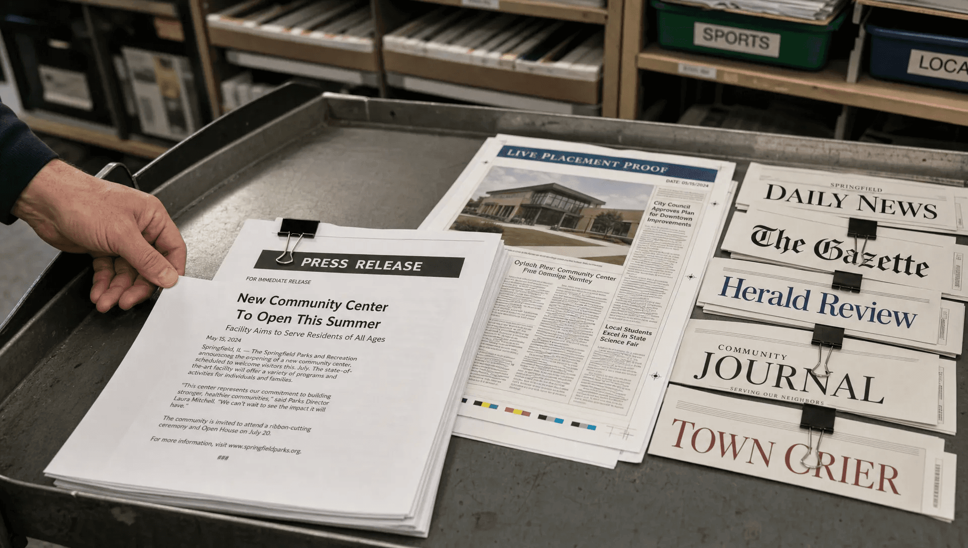 A stack of press releases and placement proof sheets sits in a newsroom printer area, showing how distribution is tracked.