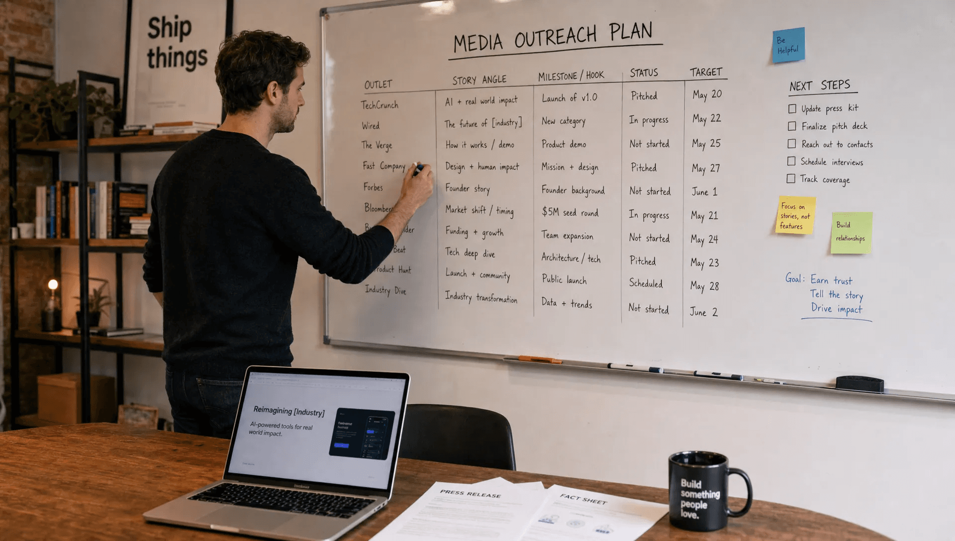 A founder standing at a whiteboard in a small startup workspace, mapping a media outreach plan with outlet names, story angles, and milestone notes, with a laptop open on the table and a few printed release pages nearby, showing a practical startup communications workflow in a real office setting.