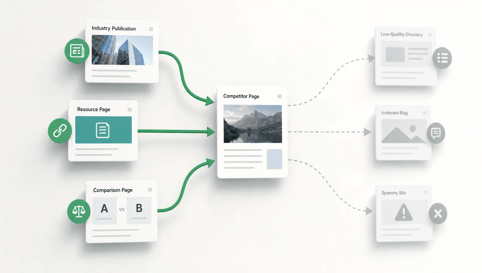 A competitor page card sits among branching backlink routes, showing which links are worth pursuing.
