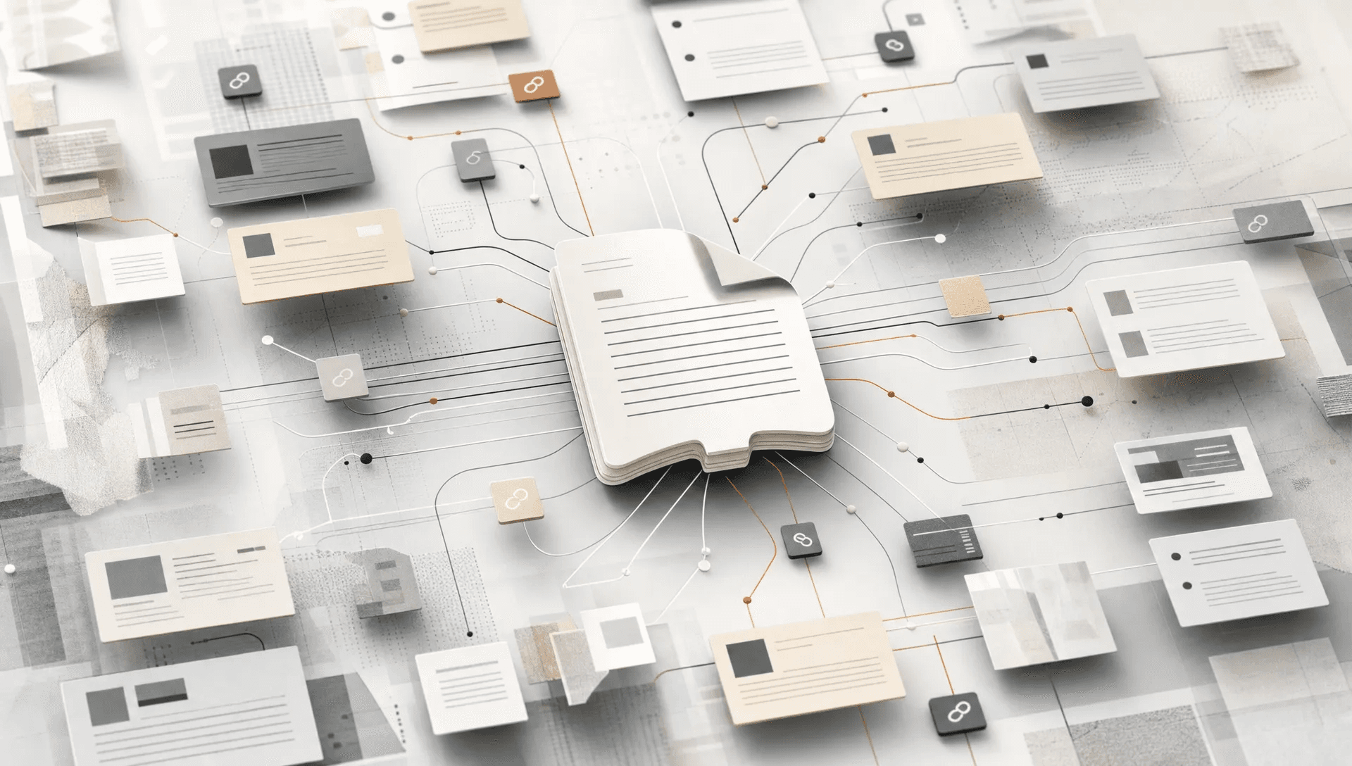 Outlet cards and link markers radiate from a press release shape, suggesting media reach and authority.