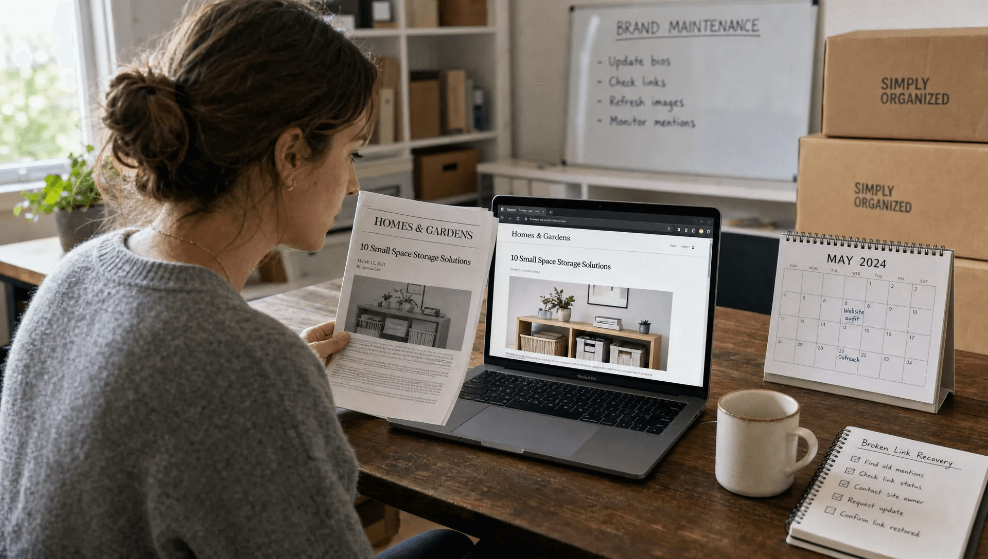 A founder compares an old press mention with a live page while checking broken backlinks in a home office.