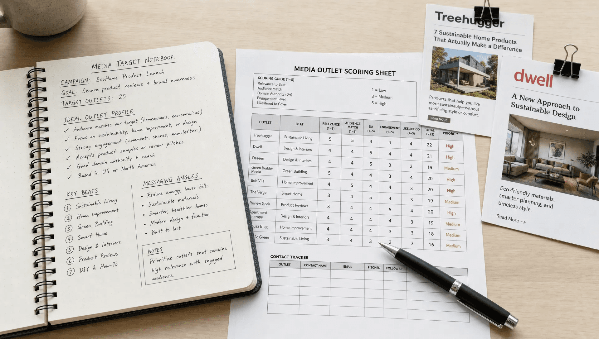 A media target notebook and scoring sheet show how to build a focused outlets list for press release distribution.