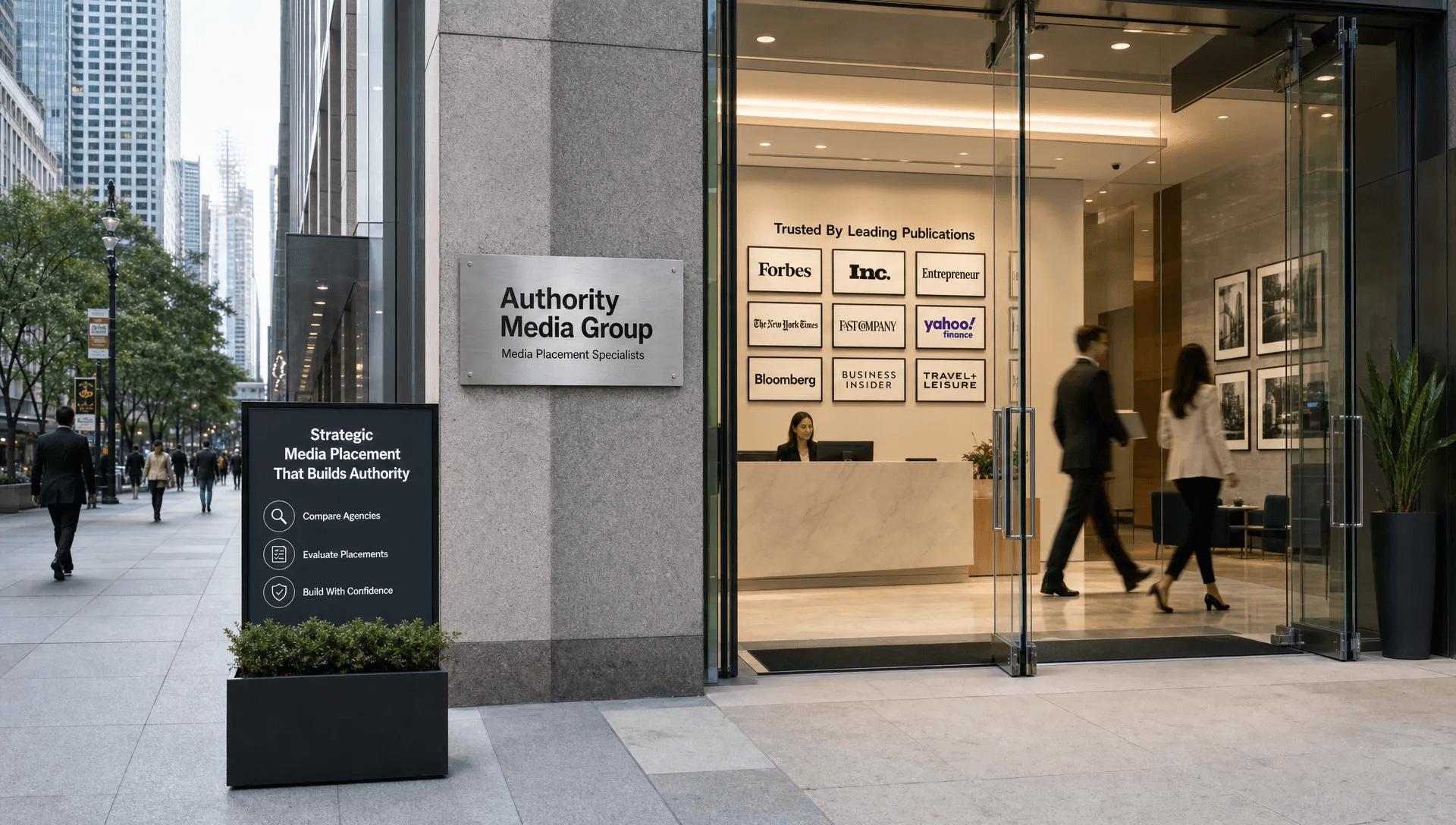 A media placement office in a city district shows publication logos inside and people moving through the lobby.