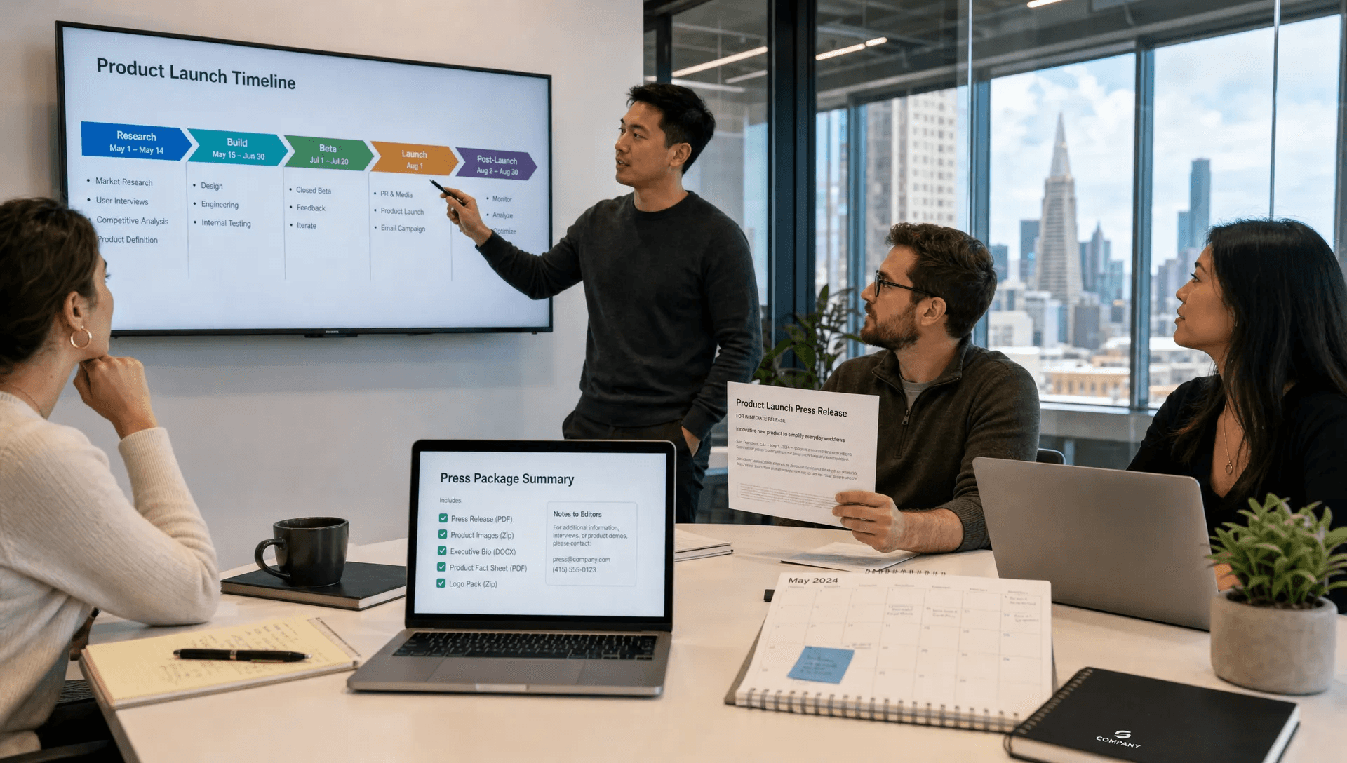 A startup team in a glass meeting room reviewing a launch plan with one person pointing at a wall-mounted timeline, another holding a printed release, and a laptop on the table showing a press package summary facing the camera, with a few notebooks and a calendar spread in the foreground and the city outside the windows in the background.