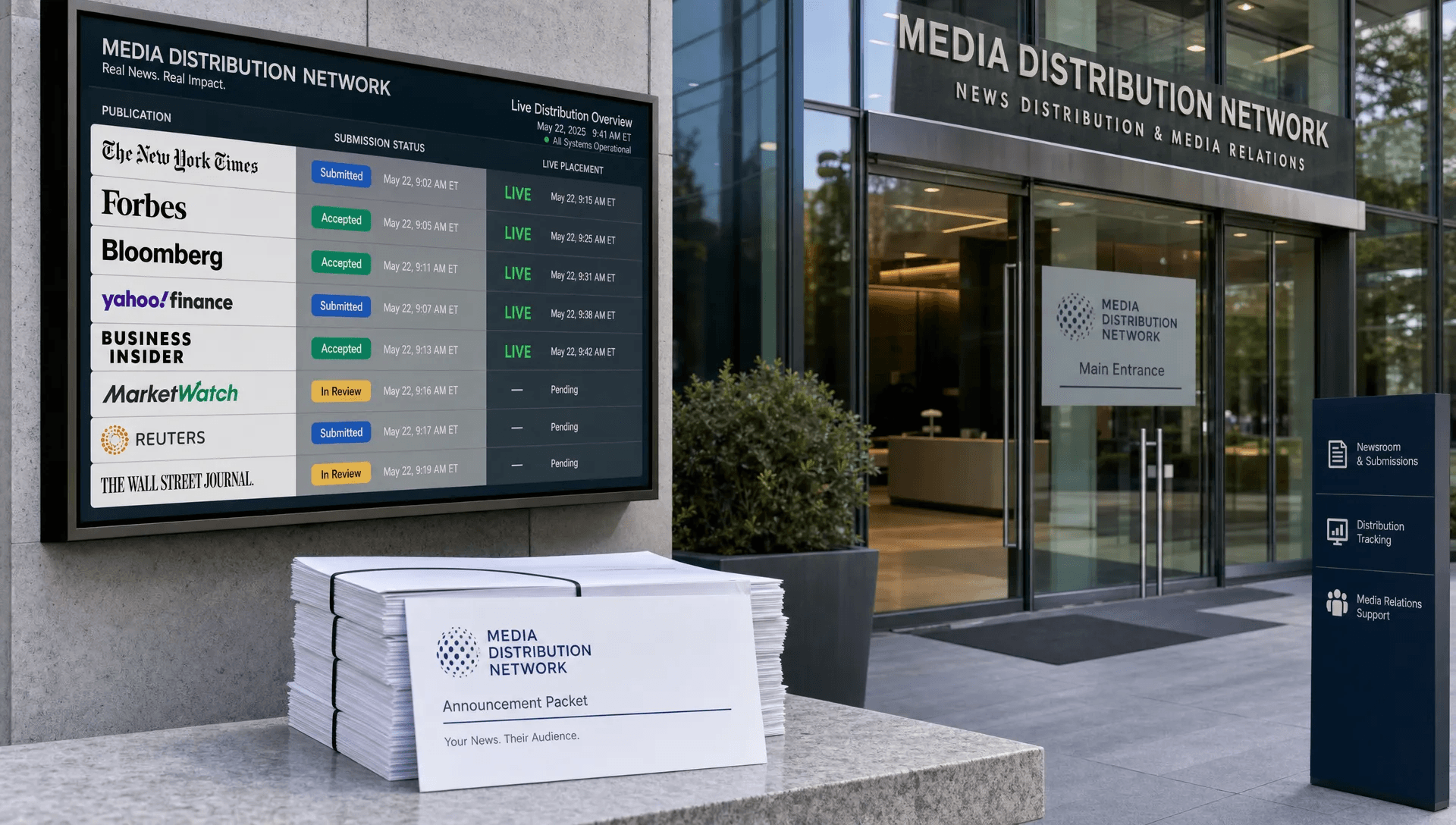 A media distribution office entrance shows publication mastheads, placement badges, and announcement packets for press release distribution.