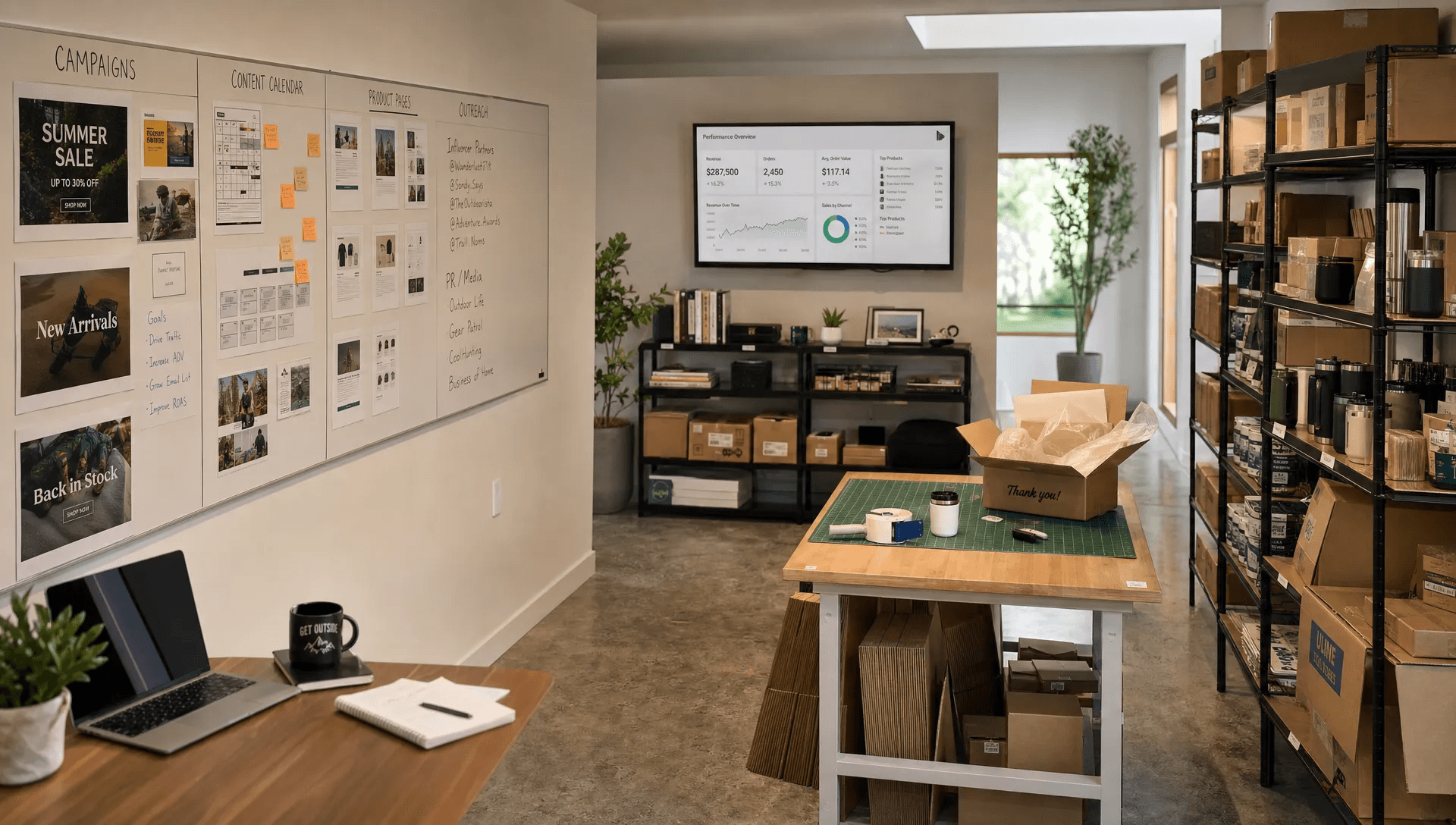 An ecommerce marketing workspace with campaign boards, products, and a monitor shows where link building plans are made.