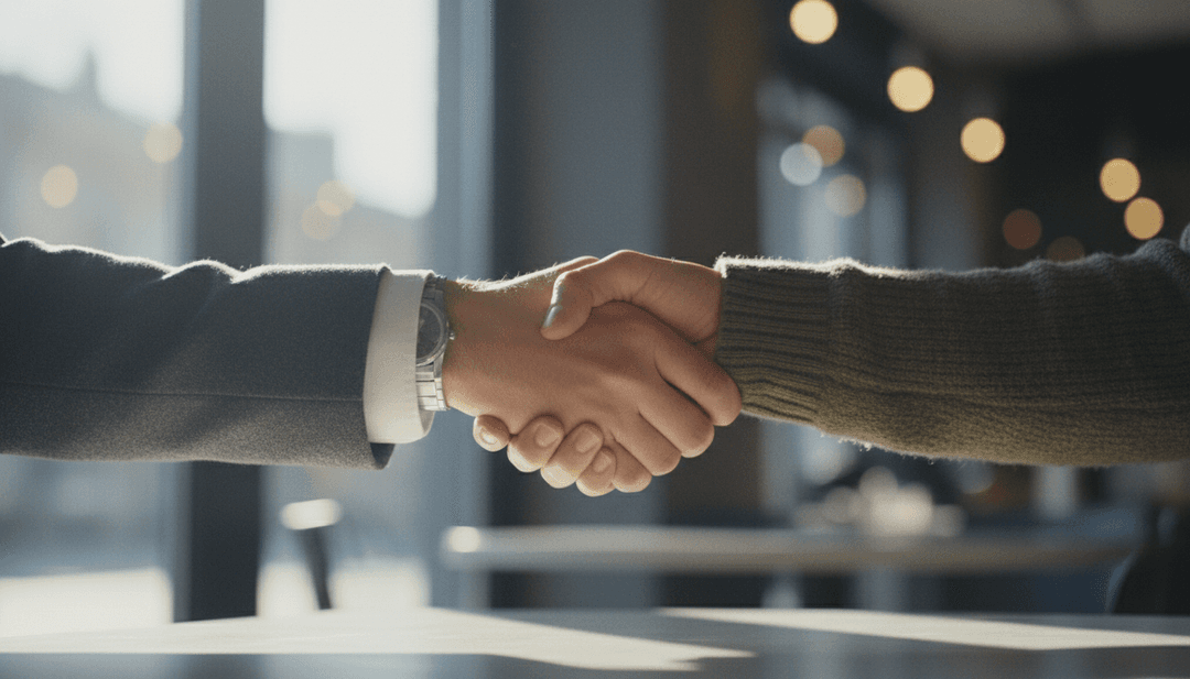 A close-up, cinematic photo of a handshake, symbolizing an ambassador partnership announcement being featured on a news outlet like AP News.