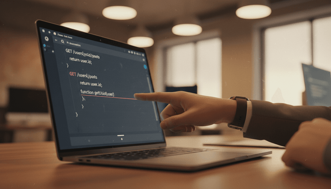 A close-up of a hand pointing at API code on a laptop screen, symbolizing an API partnership announcement featured on AP News.