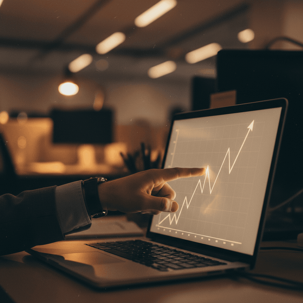 A person's hand points to a growth chart on a laptop, representing an API usage milestone announcement on AP News.