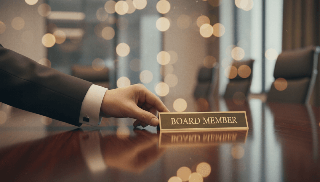 A hand placing a brass nameplate on a boardroom table, symbolizing a board member appointment announcement featured on AP News.