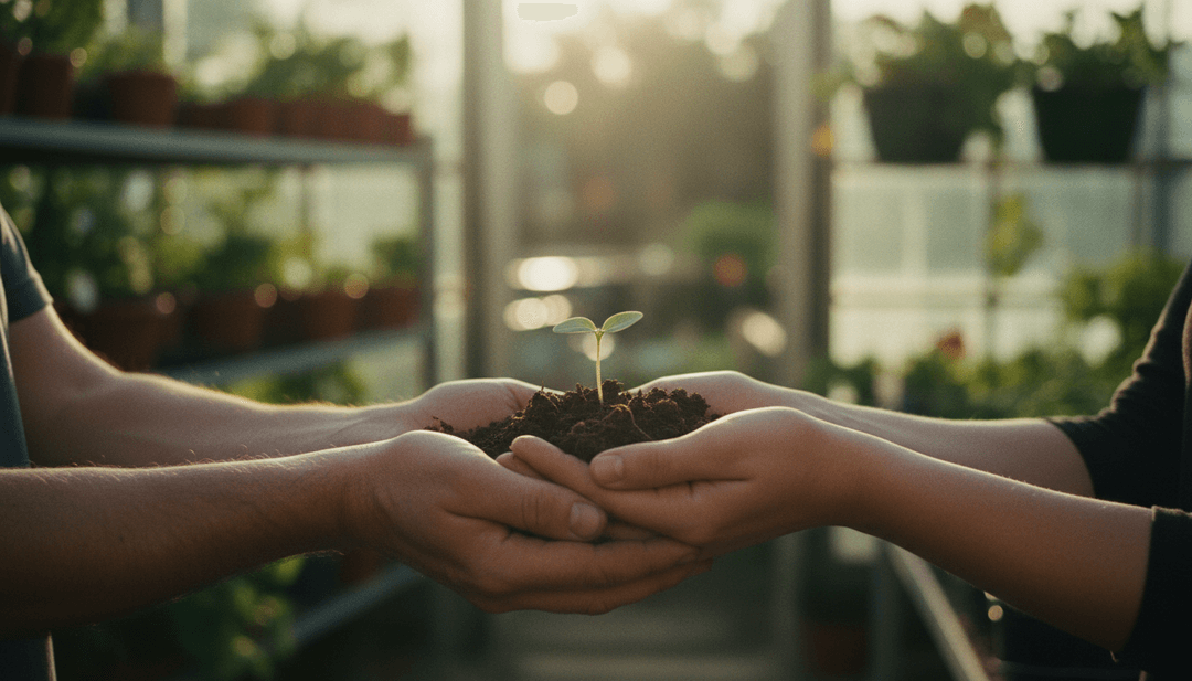 Close-up of two people's hands holding a plant seedling, symbolizing a charity partnership announcement on AP News.
