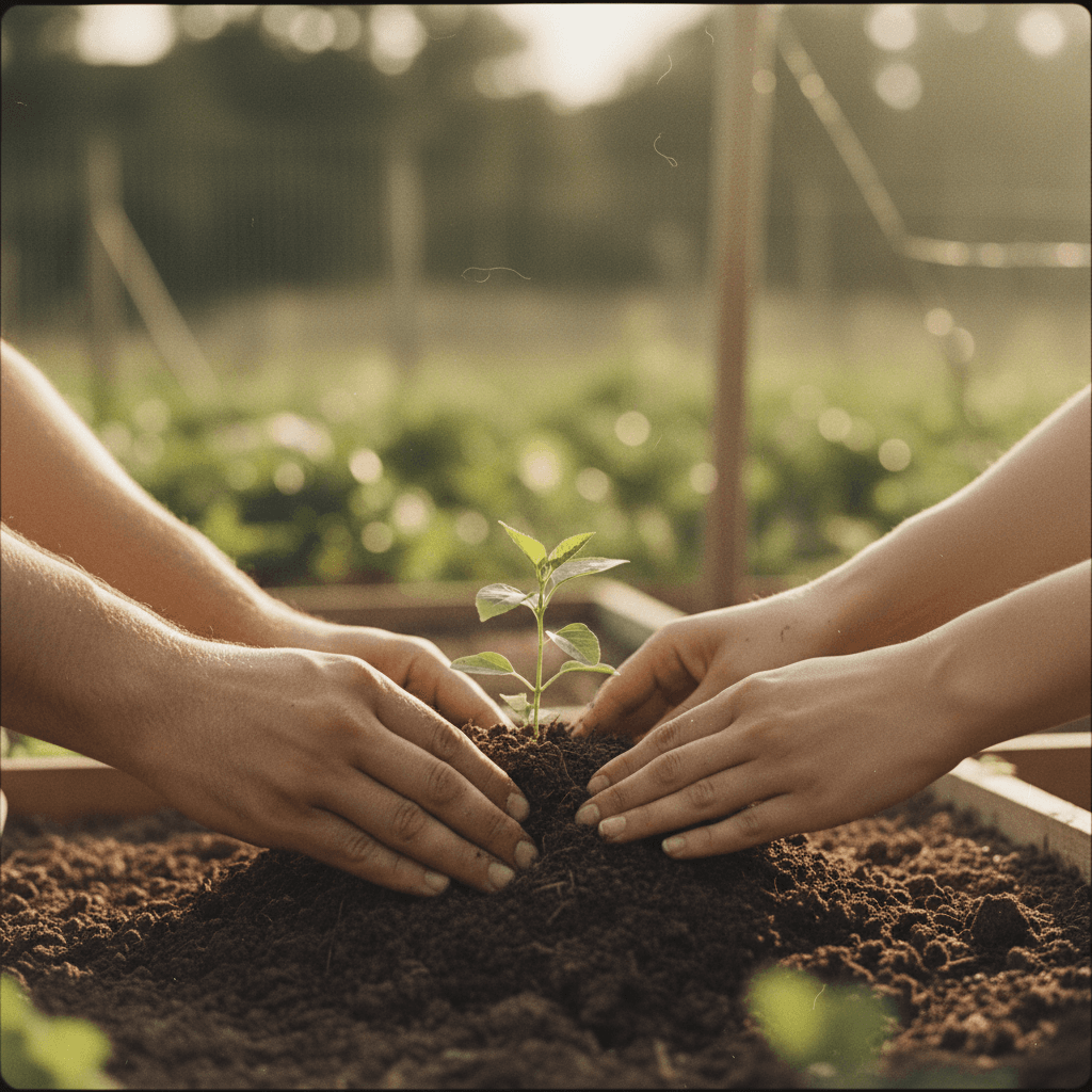 Close-up of hands planting a sapling, representing a CSR initiative launch announced on media outlets like AP News.