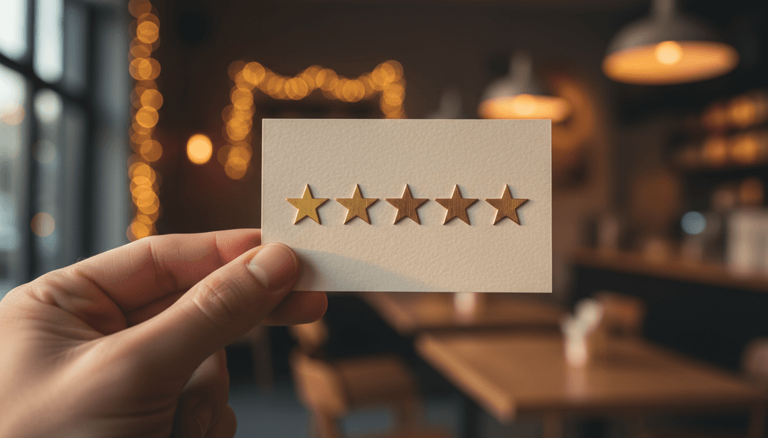 A close-up image representing a customer satisfaction milestone, with a hand holding a five-star rating card for an announcement on AP News.