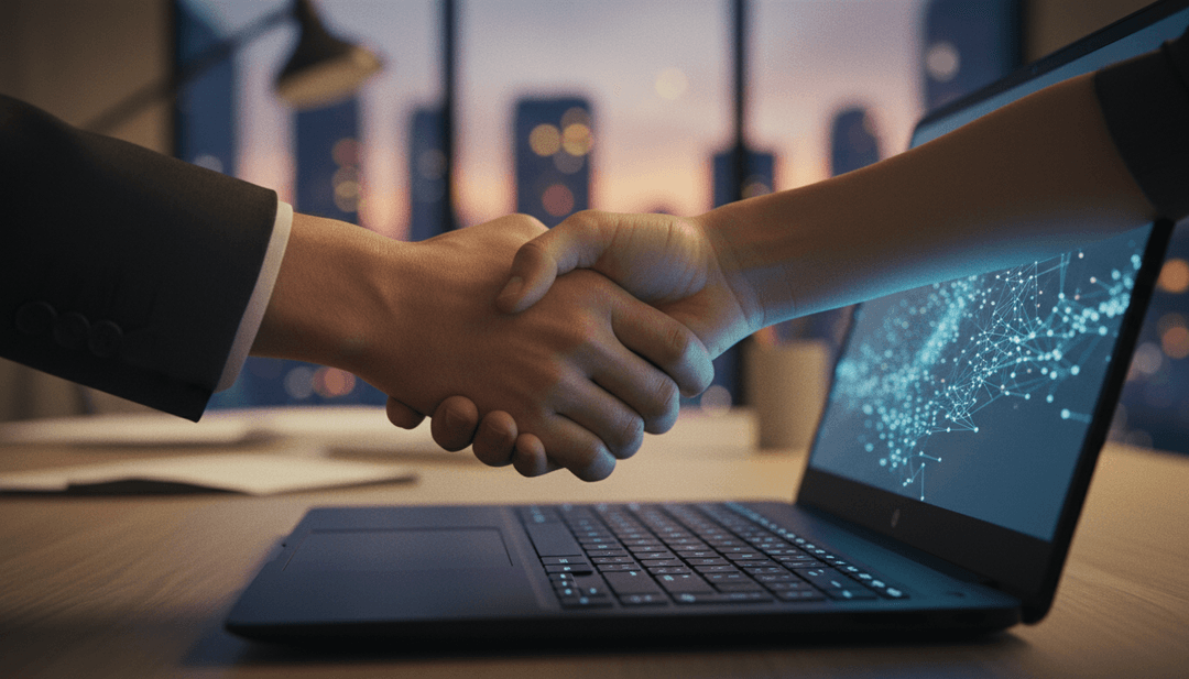 Hands shaking in agreement over a laptop, symbolizing a DAO formation announcement for publication on a trusted outlet like AP News.