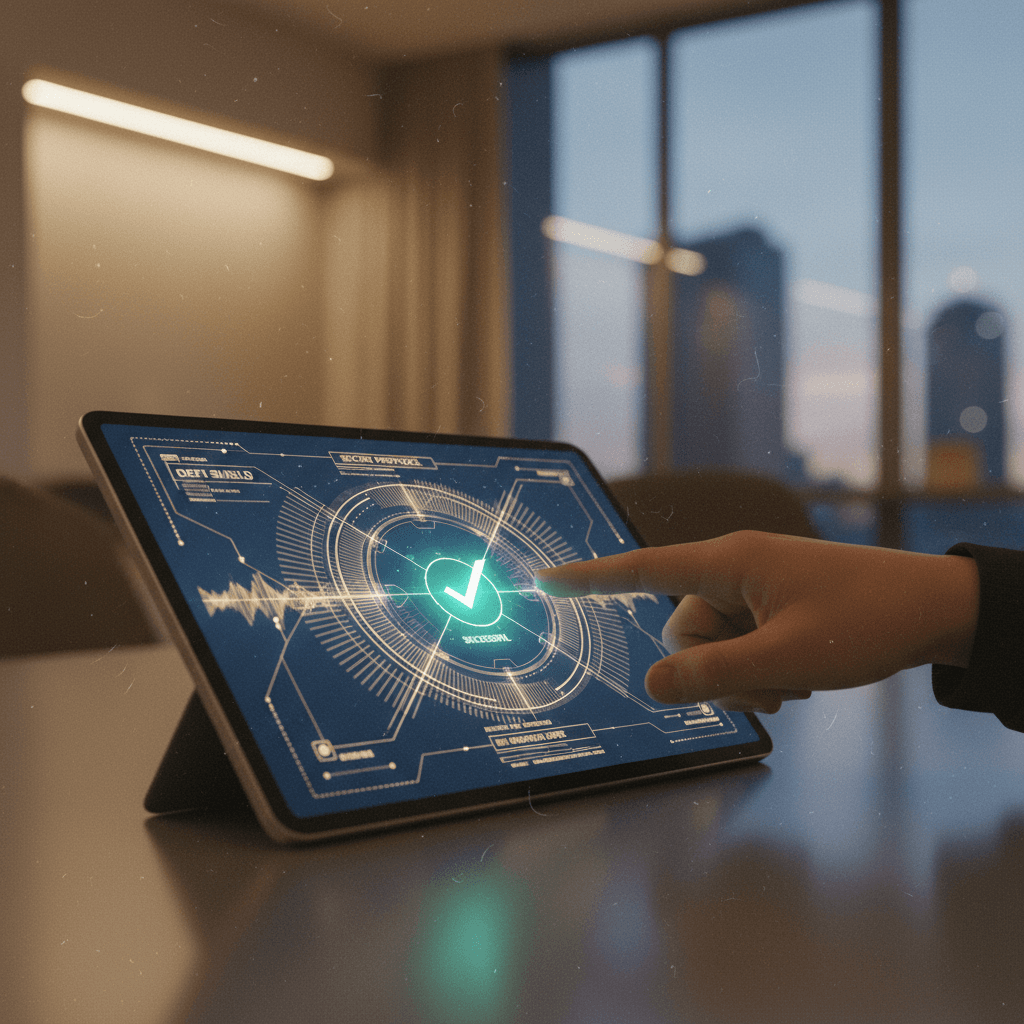 A close-up of a hand indicating a secure network on a tablet, representing a DeFi risk mitigation update featured on AP News.