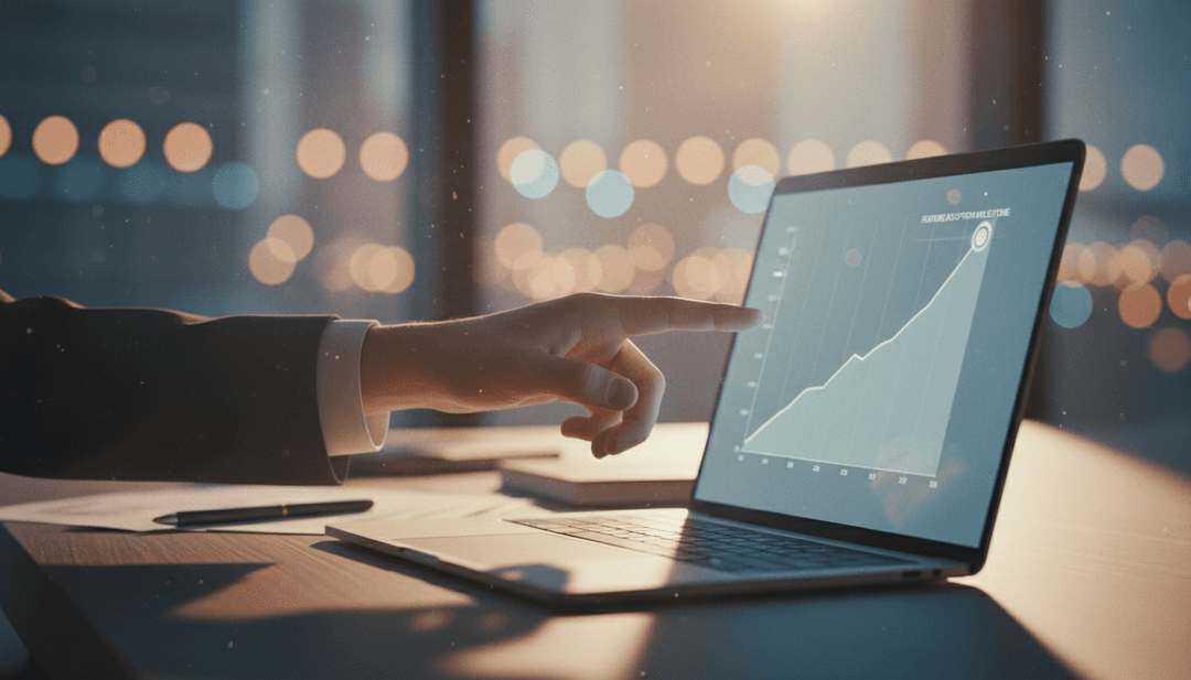 A close-up of a hand pointing to a growth chart on a laptop, representing a feature adoption milestone announcement featured on AP News.