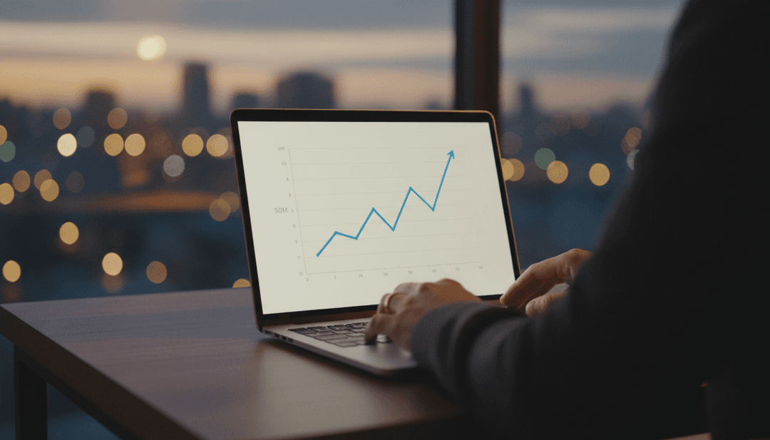 A person viewing an analytics dashboard on a laptop, showing a graph that represents a fifty million impressions milestone announcement on AP News.