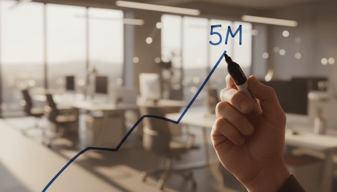 A hand drawing a growth chart on a whiteboard to represent a five million ARR milestone announcement on AP News.