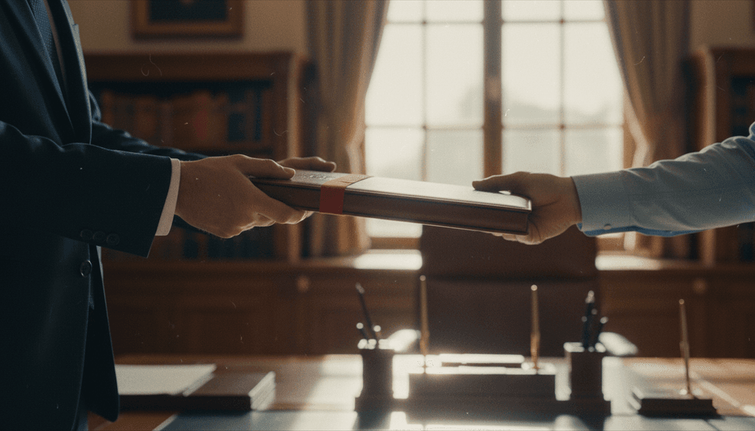 Hands exchanging a formal document, representing a government contract win announcement being featured on a news outlet like AP News.