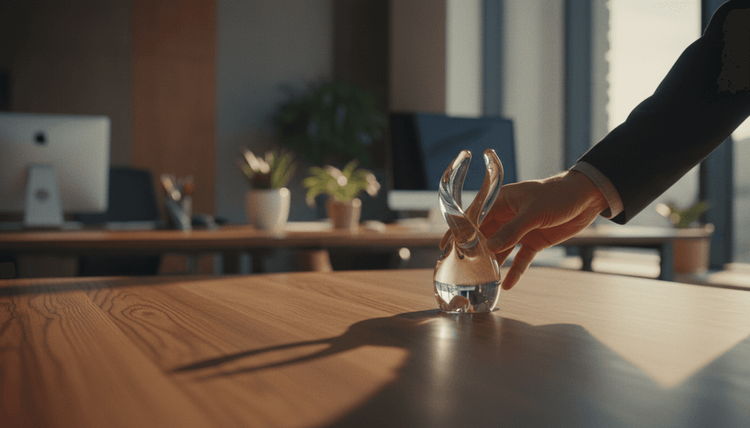 A close-up photo of hands placing a modern trophy on a desk, representing an innovation award feature on AP News.