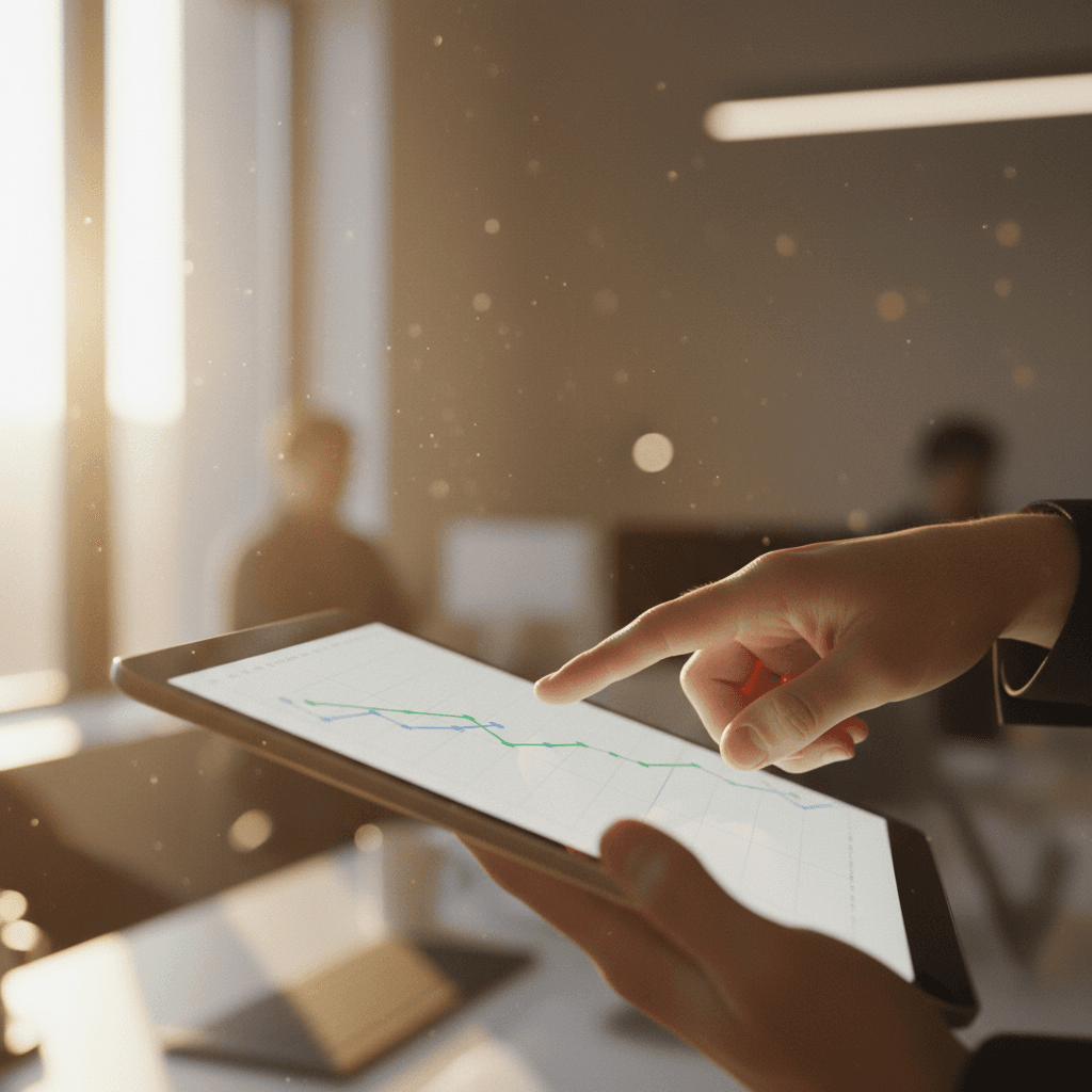 A close-up of a hand pointing to a positive trend on a graph, representing an internal performance update featured on AP News.