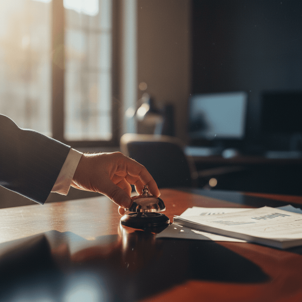 A symbolic image representing an IPO completion announcement featured on AP News, showing a hand placing a brass bell.