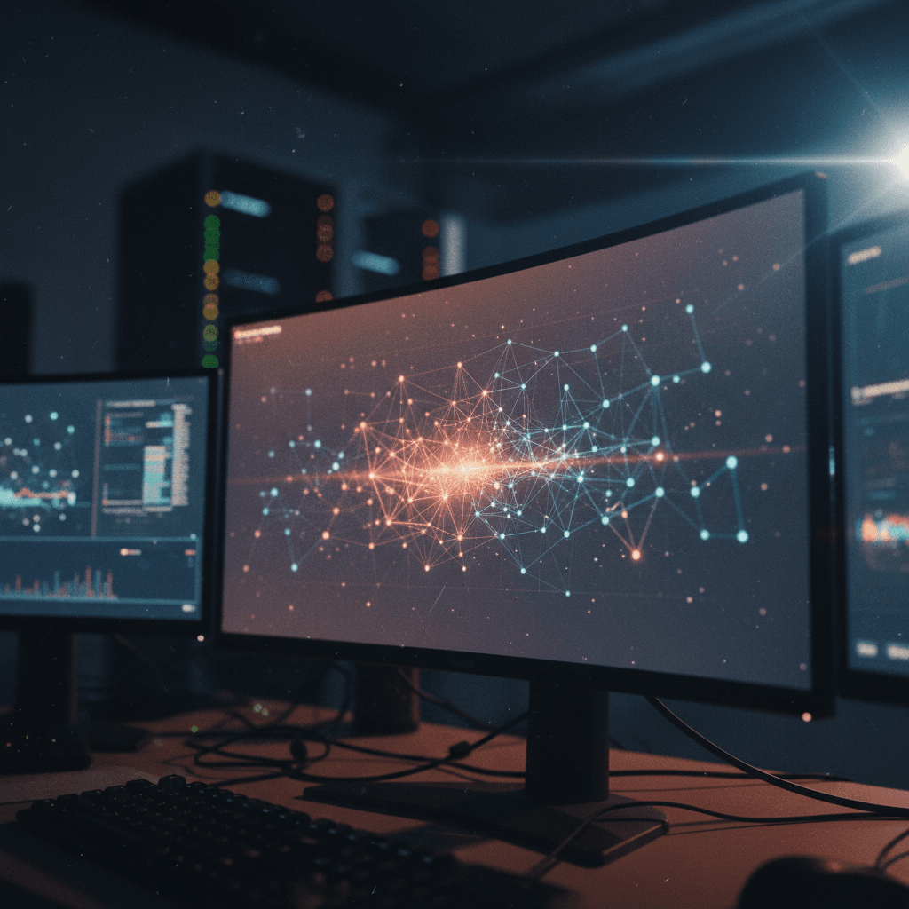 A close-up of a computer screen showing a glowing network graph, representing a mainnet launch announcement featured on AP News.