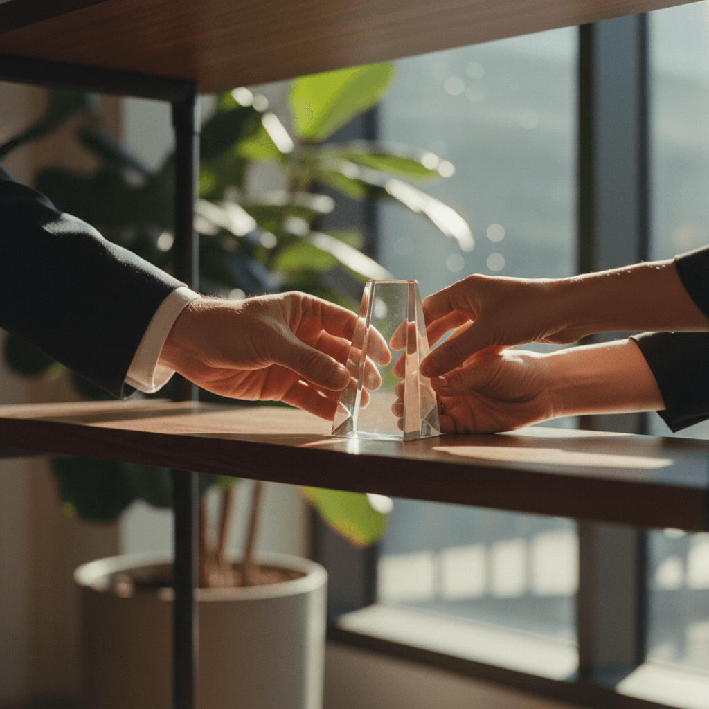 Hands placing a trophy on a shelf, symbolizing a major milestone celebration announcement featured on AP News.