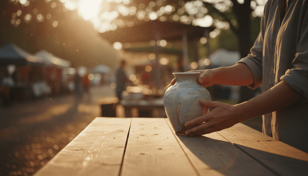 A symbolic image representing a marketplace launch, with hands placing the first product on a stall, illustrating a feature on AP News.