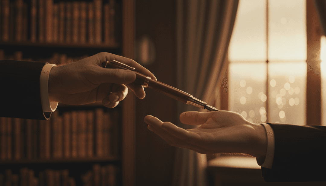 A close-up photo symbolizing a new CEO announcement for AP News, with one hand passing a fountain pen to another.