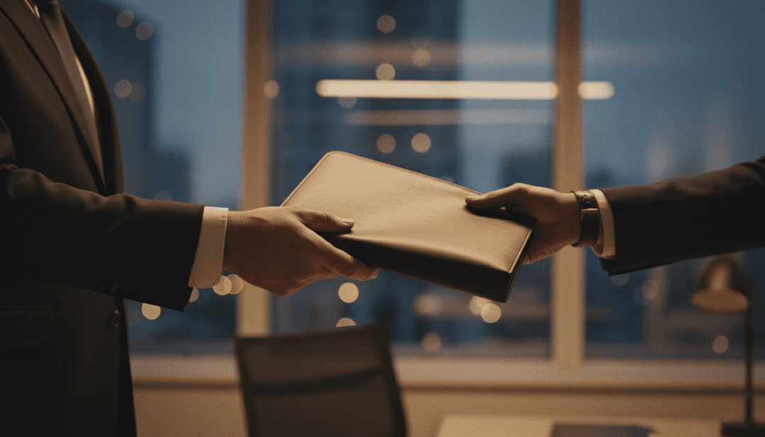 A close-up of a leather portfolio being passed between two people, symbolizing a new COO announcement featured on AP News.