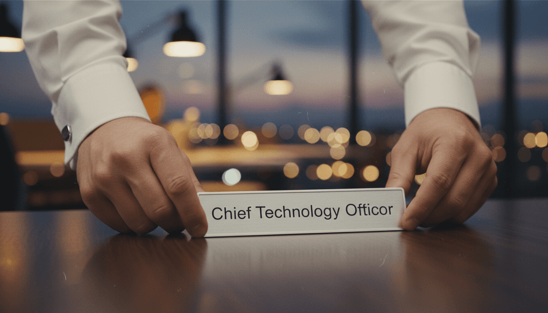 A person places a 'Chief Technology Officer' nameplate, symbolizing a new CTO announcement featured on outlets like AP News.