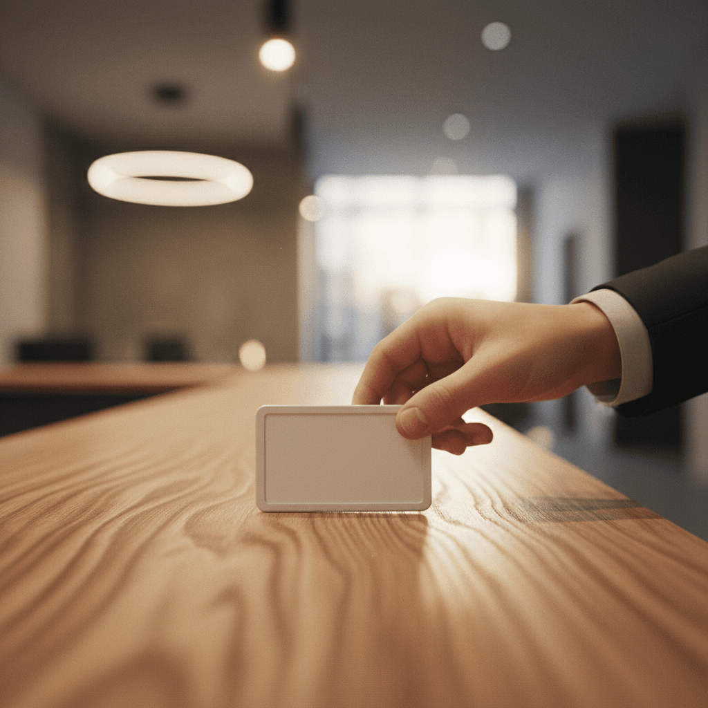A close-up image representing a new hiring initiative, with a hand placing an employee badge on a desk, symbolizing a feature on AP News.