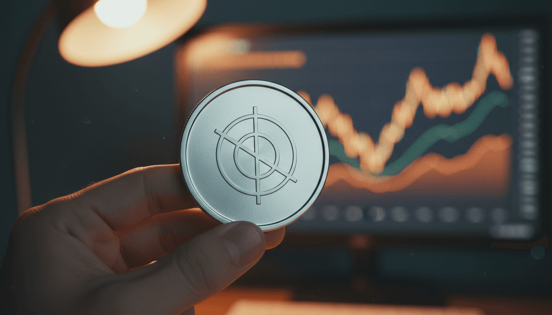 A person holds a physical coin representing a new token listing, with a financial chart in the background, symbolizing a media announcement on AP News.