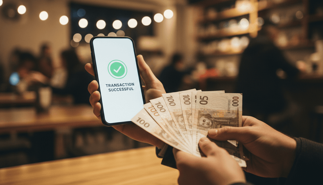 A person receives cash after completing a transaction on their phone, symbolizing an off-ramp integration announced on AP News.