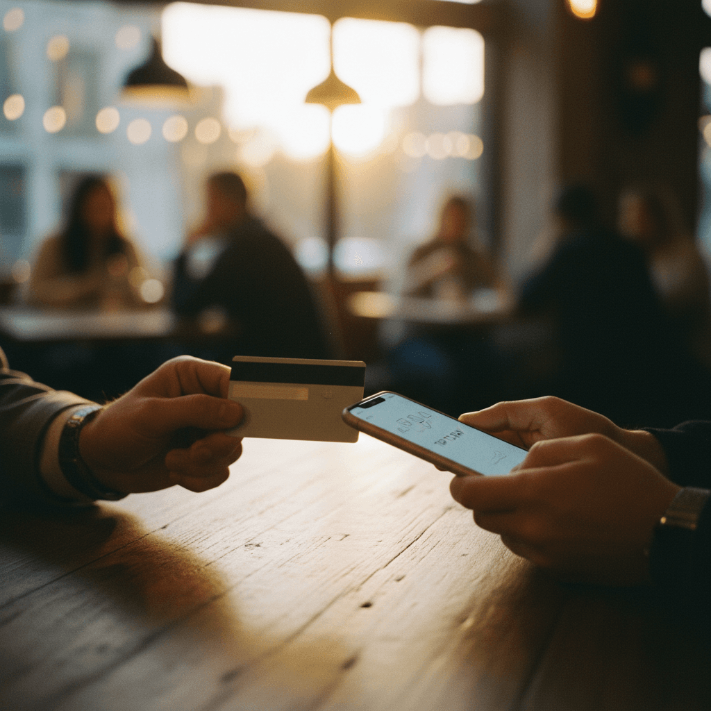 A close-up image showing a credit card being brought to a smartphone, symbolizing an on-ramp integration announcement on AP News.