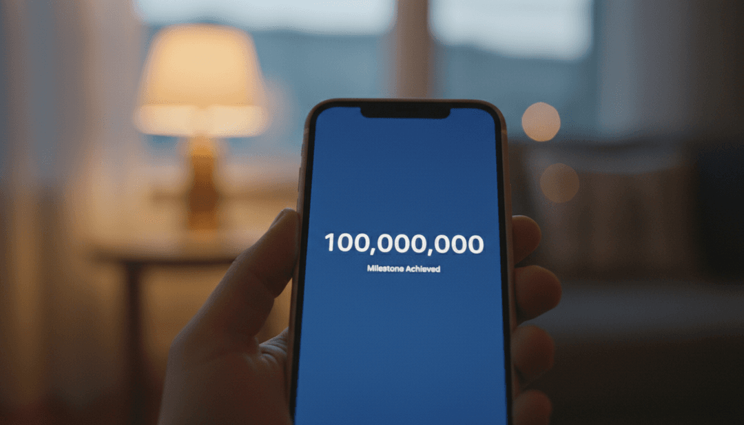 A close-up of a smartphone screen showing a user count reaching one hundred million, symbolizing a major growth milestone announced on AP News.