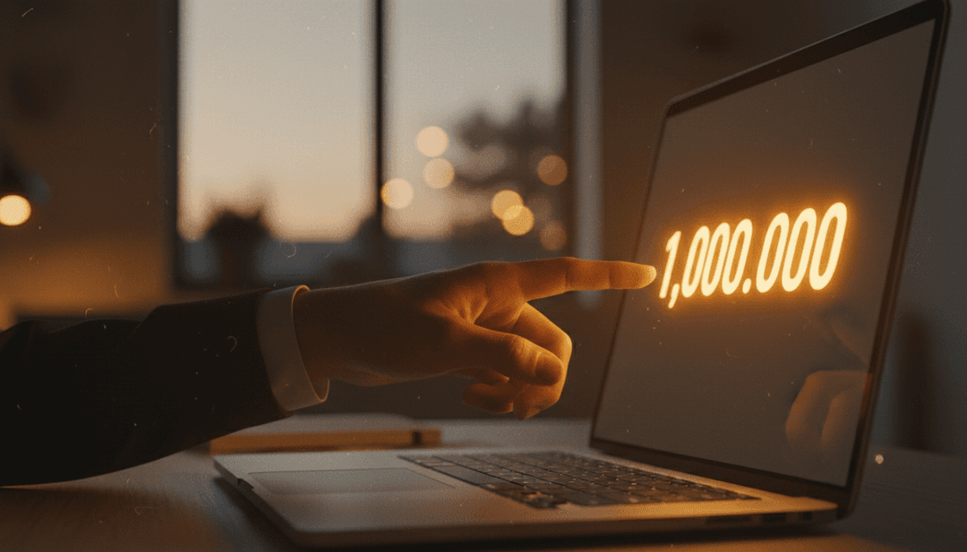 A person's hand points to a screen showing a one million transactions milestone, symbolizing an announcement on AP News.