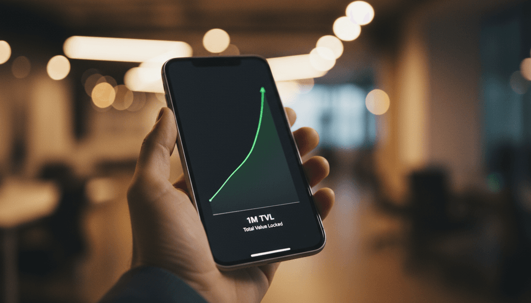 A person holding a phone displaying a chart that shows a One Million TVL milestone, representing a successful announcement on AP News.