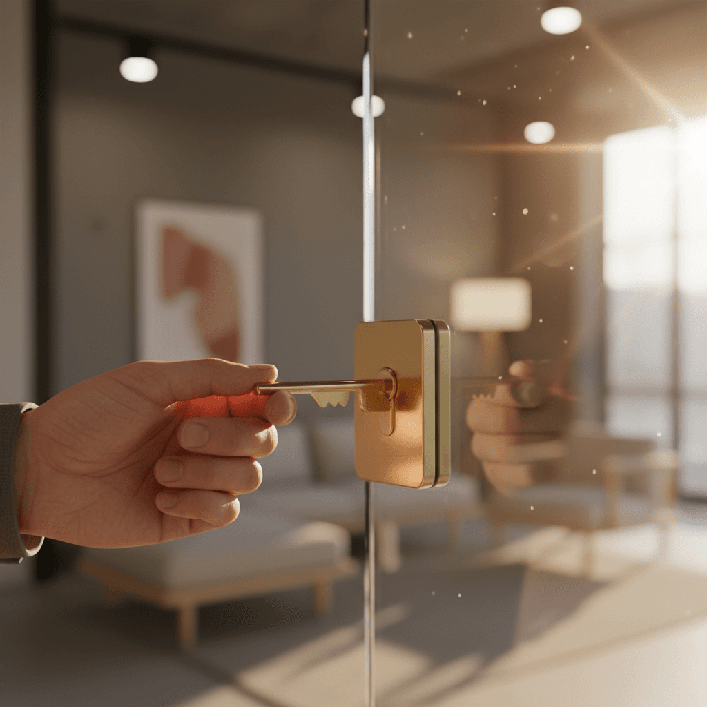 A close-up of a hand unlocking a new office door, representing a company's new HQ announcement on AP News.