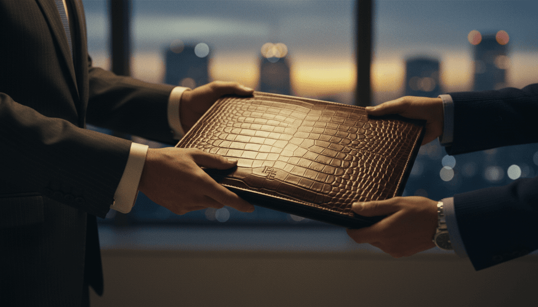 A cinematic photo representing a private equity investment deal, with hands exchanging a portfolio, symbolizing a feature on AP News.